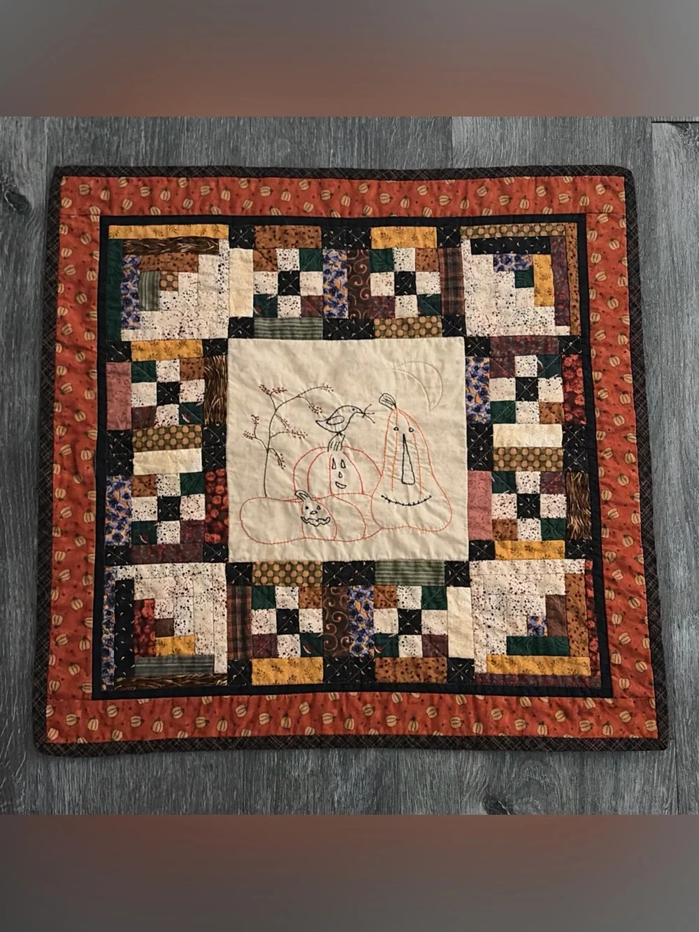Handmade Autumn Patchwork Quilt - Orange, Cream & Brown